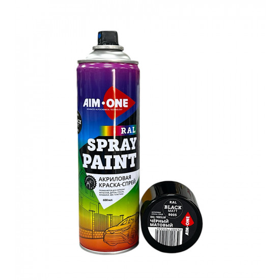 Акриловая Краска-спрей RAL-9005LM, черный матовый, AIM-ONE 600 мл. Acryl Spray paint black matt