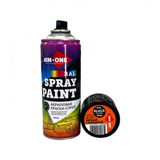 Акриловая Краска-спрей RAL-9005G, черный глянец, AIM-ONE 450 мл. Acryl Spray paint black gloss