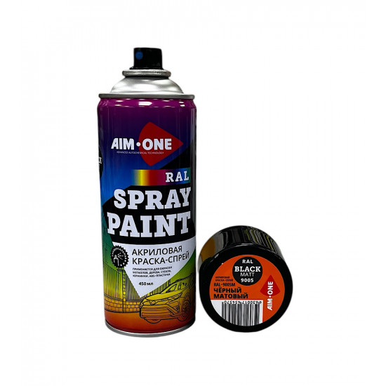 Акриловая Краска-спрей RAL-9005M, черный матовый, AIM-ONE 450 мл. Acryl Spray paint black matt